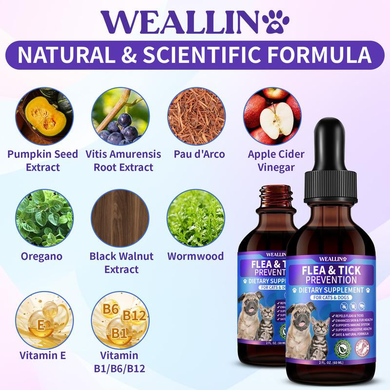 WEALLIN Flea & Tick Support Drops for Cats and Dogs – Natural Flea & Tick Support Drops with Multivitamins – Oral Supplement for Pets – Suitable for All Breeds and Ages-Bacon Flavor