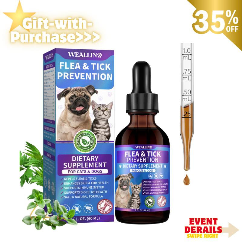 WEALLIN Flea & Tick Support Drops for Cats and Dogs – Natural Flea & Tick Support Drops with Multivitamins – Oral Supplement for Pets – Suitable for All Breeds and Ages-Bacon Flavor
