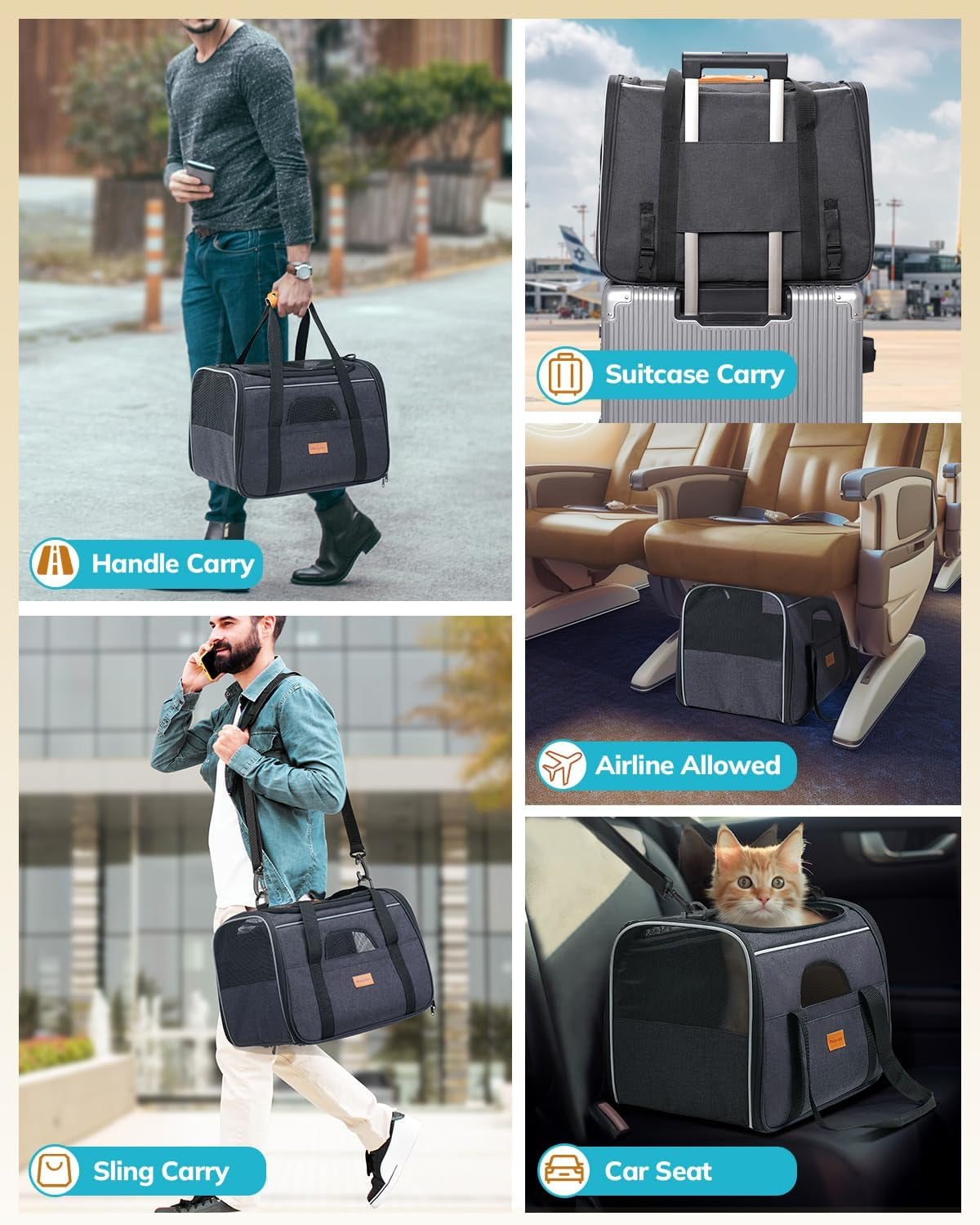 Cat Carrier - Soft Sided Cat Carrier Large for Big Medium Cats and Puppy up to 18Lbs, Pet Carrier with Safety Zippers, Foldable Bowl, Airline Approved Large Dog Carrier - Dark Gray
