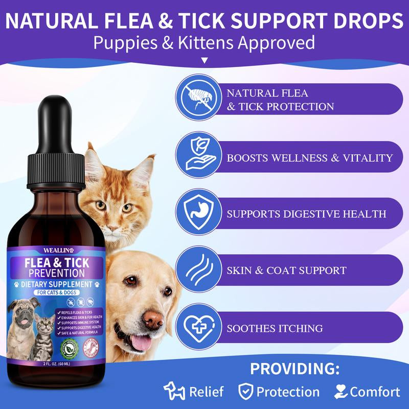 WEALLIN Flea & Tick Support Drops for Cats and Dogs – Natural Flea & Tick Support Drops with Multivitamins – Oral Supplement for Pets – Suitable for All Breeds and Ages-Bacon Flavor