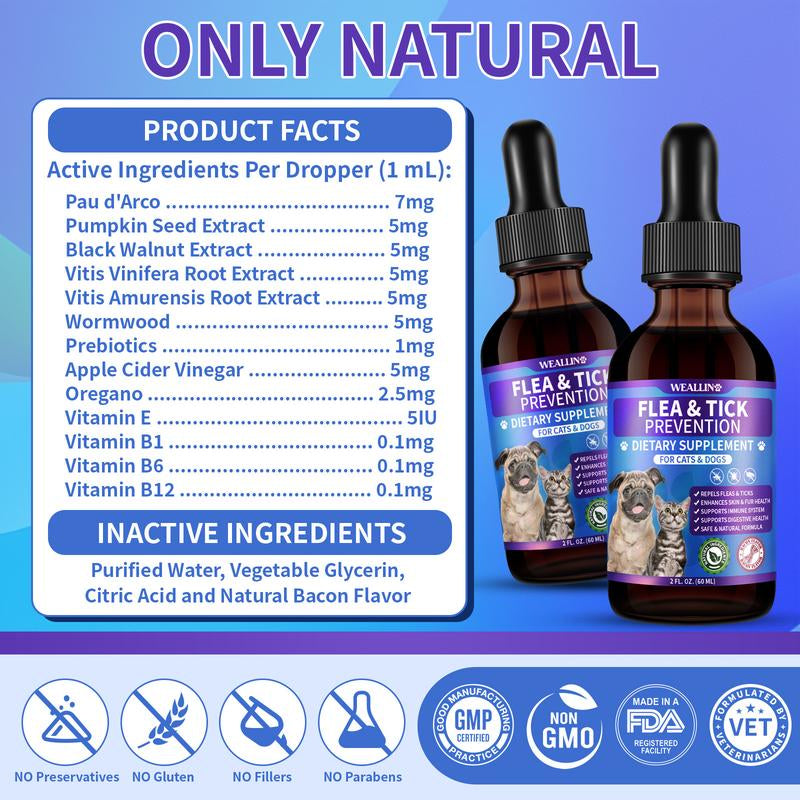 WEALLIN Flea & Tick Support Drops for Cats and Dogs – Natural Flea & Tick Support Drops with Multivitamins – Oral Supplement for Pets – Suitable for All Breeds and Ages-Bacon Flavor