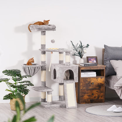 Cat Tree, Cat Tower for Indoor Cats with Scratching Board, Multi-Level Cat Furniture Condo with Feeding Bowl, Light Gray HCT010W
