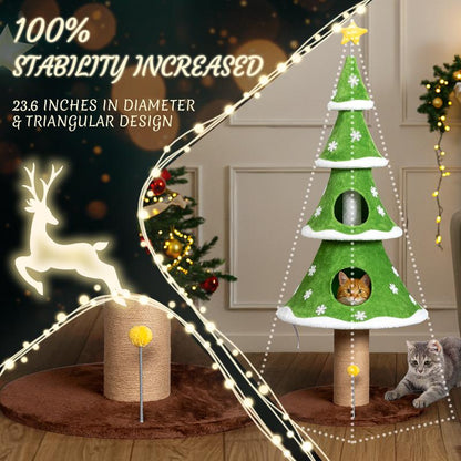 Rebuyhome 59In Large Tall Christmas Tree Cat Tower with 2 Cat Condos & Scratching Post, Soft Fleece Cat Tree with Teaser Toy & Sturdy Base & Built-In Openings for Indoor Cats, Green & White, Green, Pink