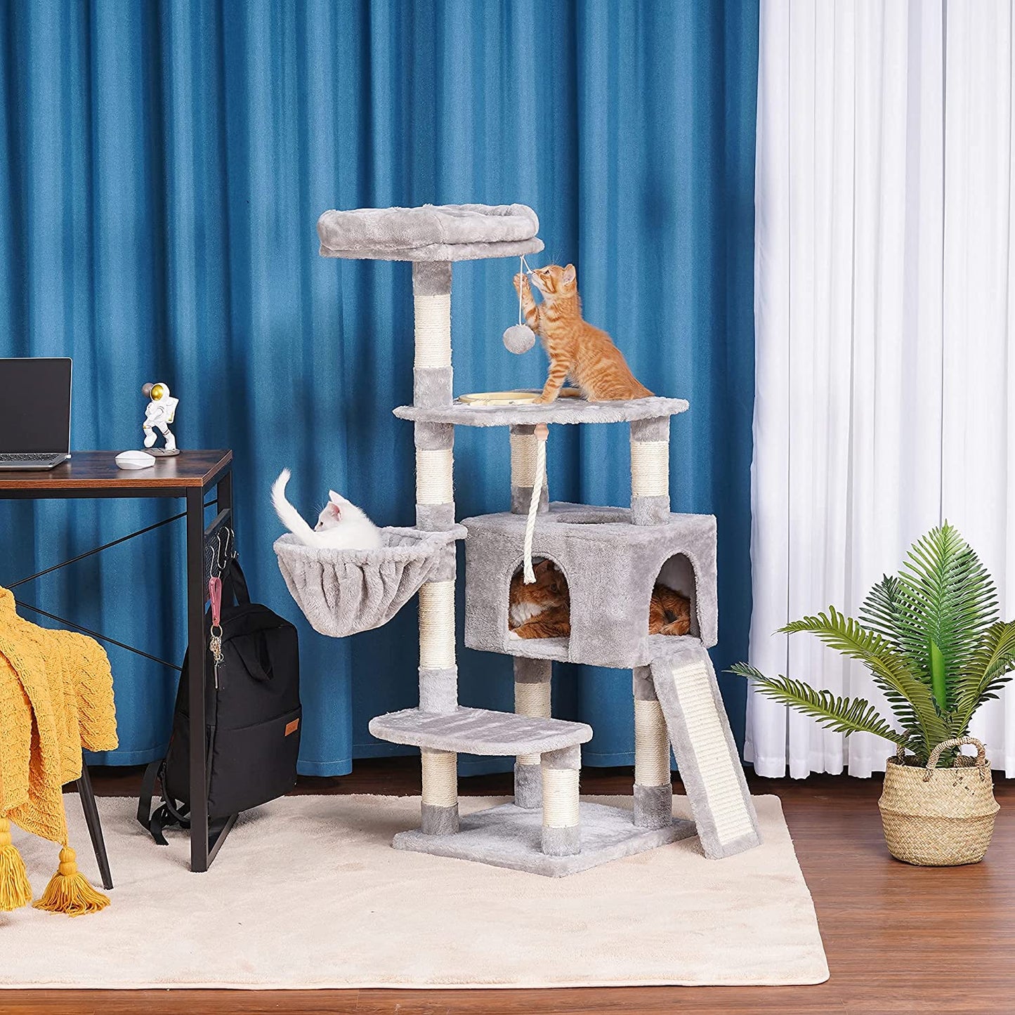 Cat Tree, Cat Tower for Indoor Cats with Scratching Board, Multi-Level Cat Furniture Condo with Feeding Bowl, Light Gray HCT010W