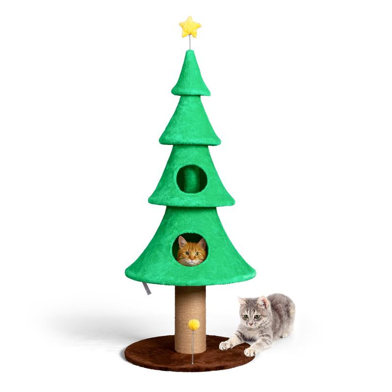 Rebuyhome 59In Large Tall Christmas Tree Cat Tower with 2 Cat Condos & Scratching Post, Soft Fleece Cat Tree with Teaser Toy & Sturdy Base & Built-In Openings for Indoor Cats, Green & White, Green, Pink
