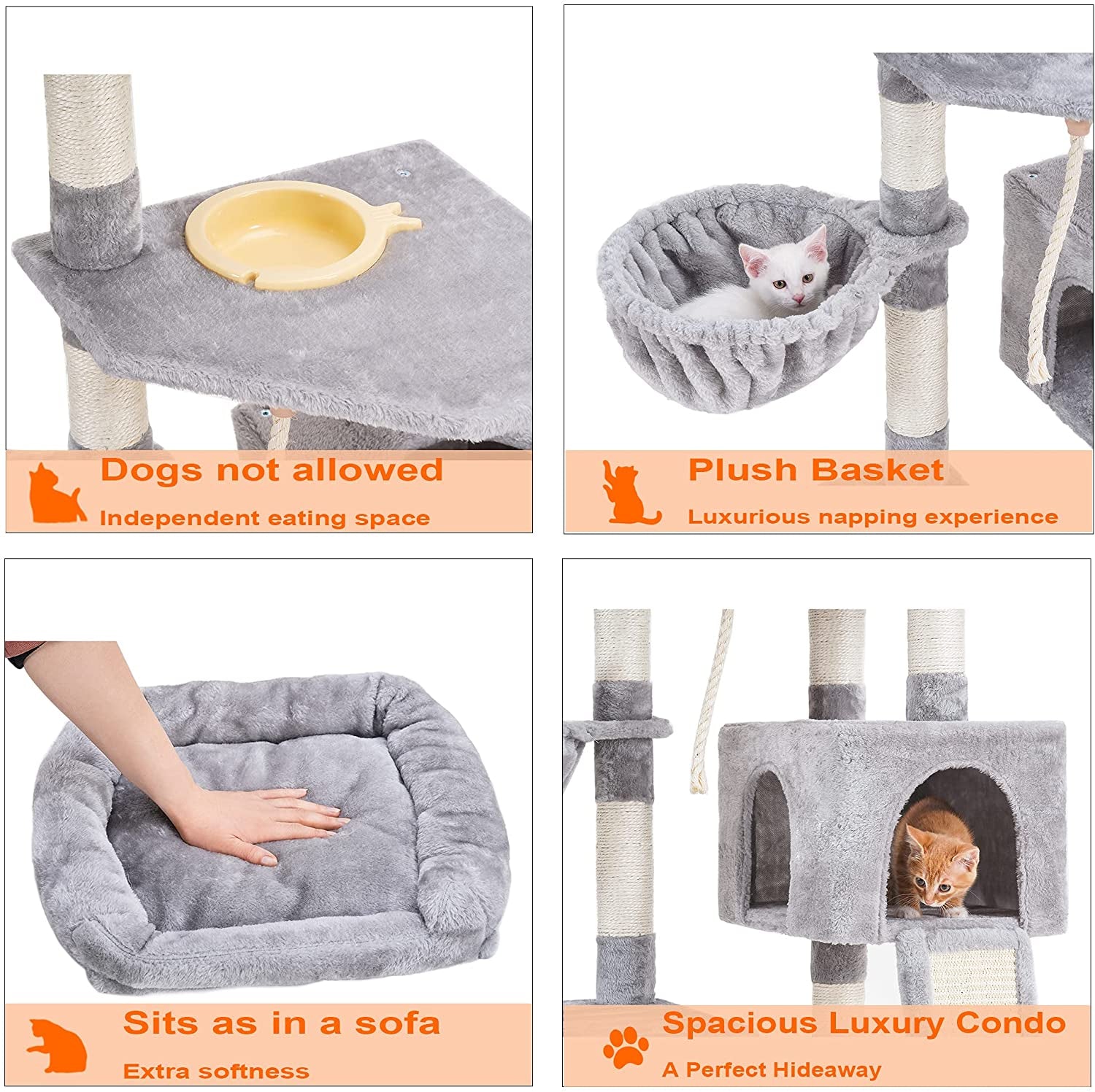 Cat Tree, Cat Tower for Indoor Cats with Scratching Board, Multi-Level Cat Furniture Condo with Feeding Bowl, Light Gray HCT010W