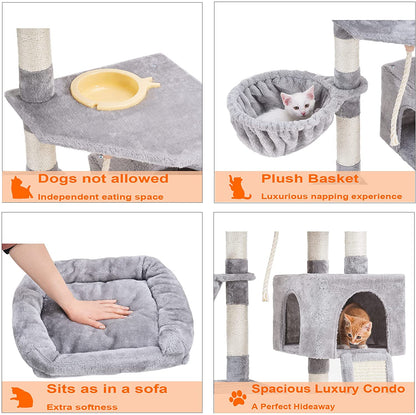 Cat Tree, Cat Tower for Indoor Cats with Scratching Board, Multi-Level Cat Furniture Condo with Feeding Bowl, Light Gray HCT010W