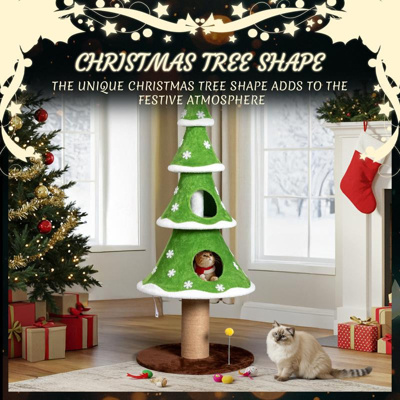Rebuyhome 59In Large Tall Christmas Tree Cat Tower with 2 Cat Condos & Scratching Post, Soft Fleece Cat Tree with Teaser Toy & Sturdy Base & Built-In Openings for Indoor Cats, Green & White, Green, Pink