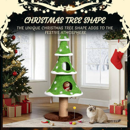 Rebuyhome 59In Large Tall Christmas Tree Cat Tower with 2 Cat Condos & Scratching Post, Soft Fleece Cat Tree with Teaser Toy & Sturdy Base & Built-In Openings for Indoor Cats, Green & White, Green, Pink