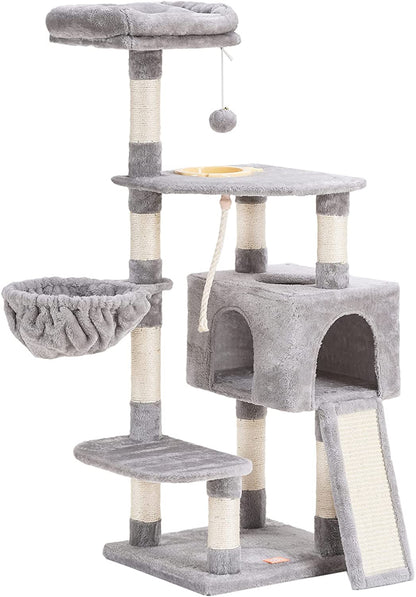 Cat Tree, Cat Tower for Indoor Cats with Scratching Board, Multi-Level Cat Furniture Condo with Feeding Bowl, Light Gray HCT010W