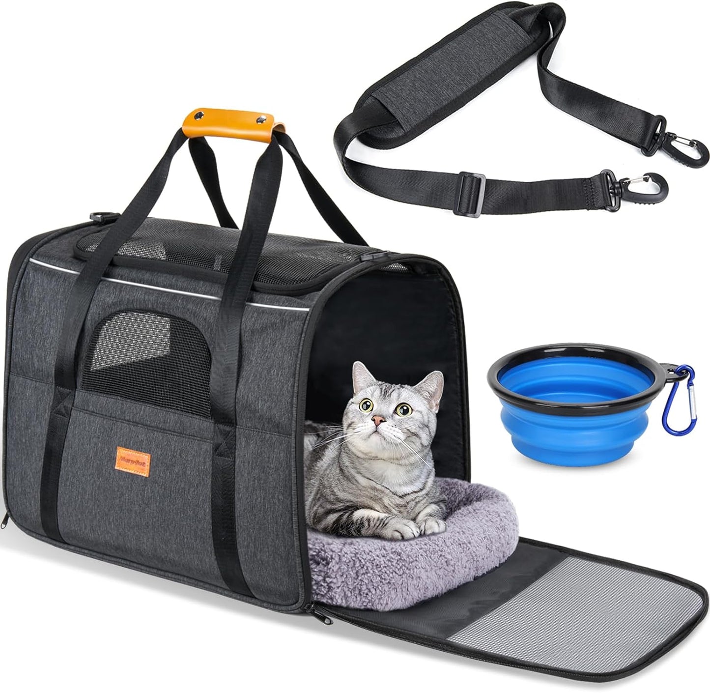 Cat Carrier - Soft Sided Cat Carrier Large for Big Medium Cats and Puppy up to 18Lbs, Pet Carrier with Safety Zippers, Foldable Bowl, Airline Approved Large Dog Carrier - Dark Gray