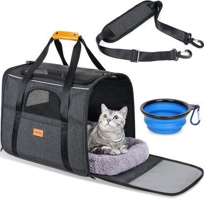 Cat Carrier - Soft Sided Cat Carrier Large for Big Medium Cats and Puppy up to 18Lbs, Pet Carrier with Safety Zippers, Foldable Bowl, Airline Approved Large Dog Carrier - Dark Gray