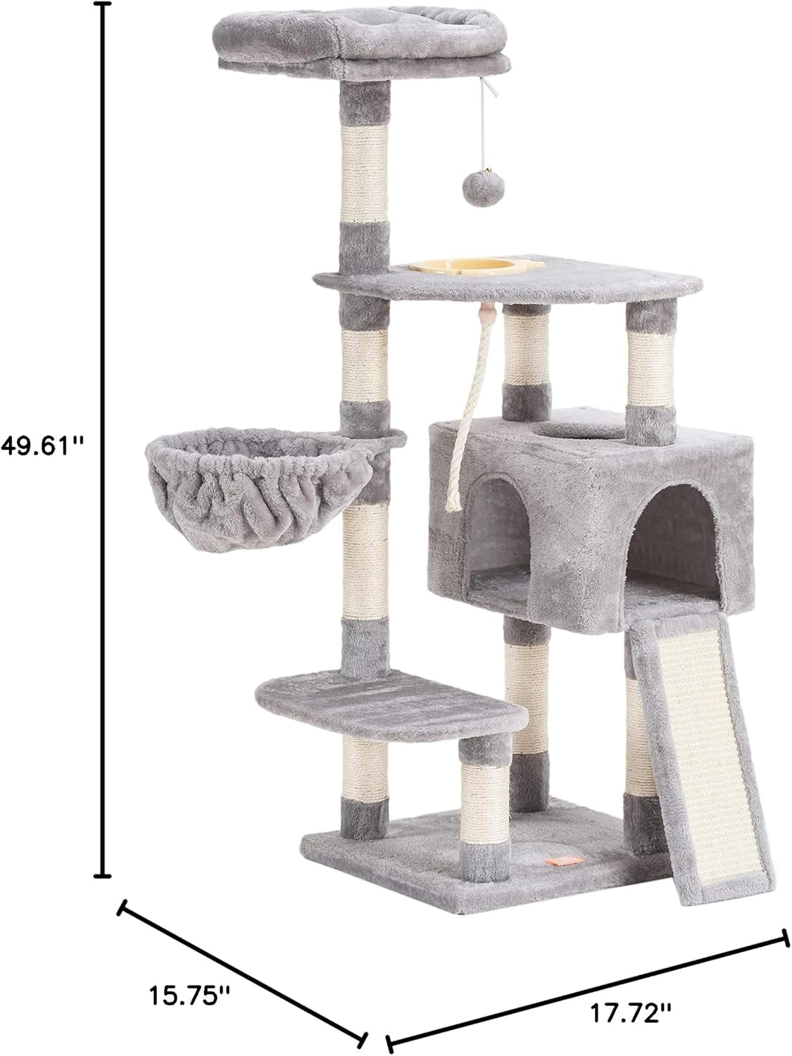 Cat Tree, Cat Tower for Indoor Cats with Scratching Board, Multi-Level Cat Furniture Condo with Feeding Bowl, Light Gray HCT010W